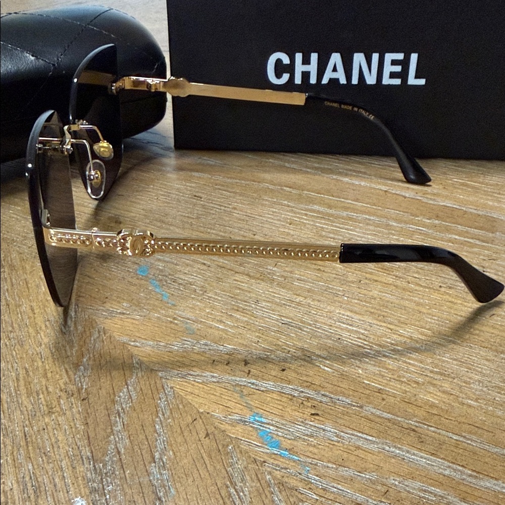 CHANEL Black Rimless Square Sunglasses with Gold Accents - Picture 6 of 9